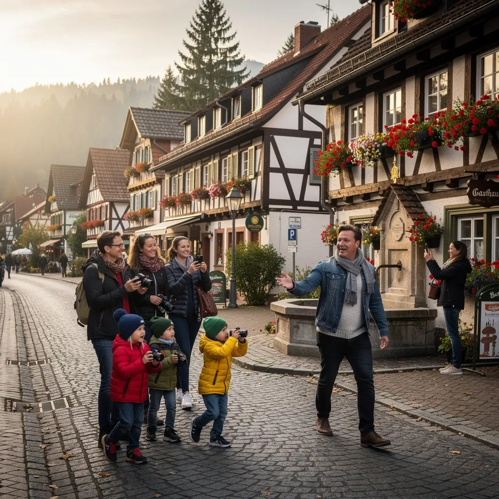 Eine Gruppe von Touristen erkundet die historischen Straßen einer deutschen Stadt.